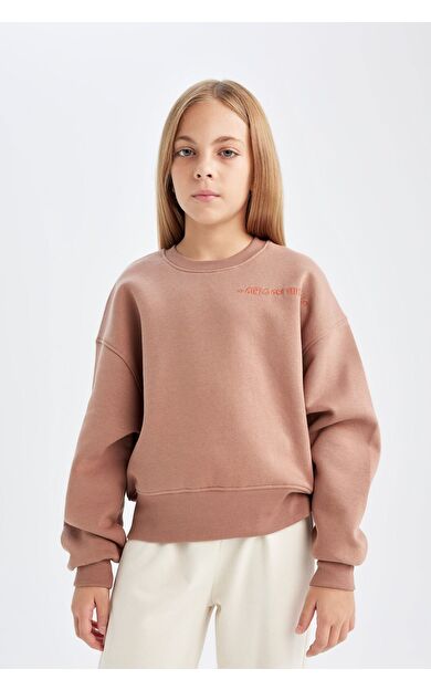 DeFacto Kız Çocuk Relax Fit Bisiklet Yaka Slogan Baskılı Düşük Kollu Sweatshirt
