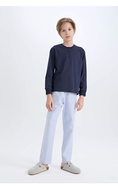 DeFacto Erkek Çocuk Pijama Takımı Regular Fit Dokuma Bisiklet Yaka Uzun Kollu Üst Çizgili Alt