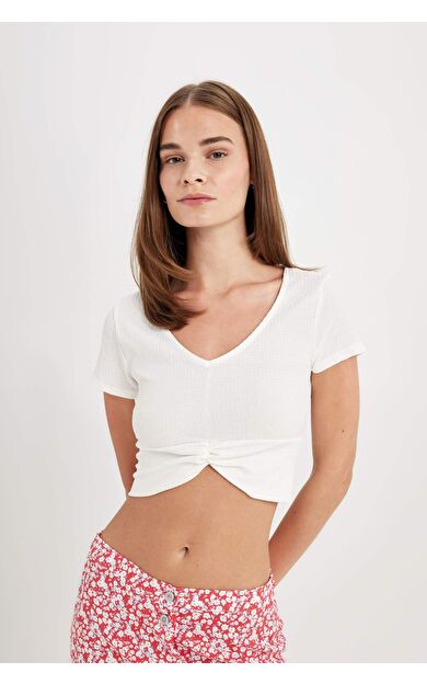 DeFactoFit Slim Fit V Yaka Bürümcük Kısa Kollu Tişört
