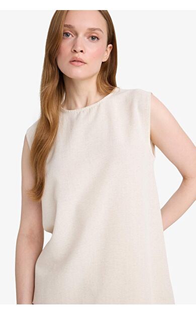 DeFacto Regular Fit Bisiklet Yaka Basic Düz Keten Karışımlı Kolsuz Tunik