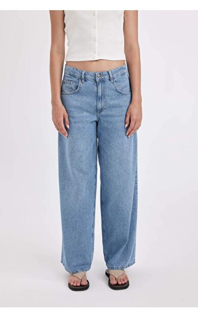 Palazzo Düşük Bel Uzun Jean Yıkamalı Pantolon