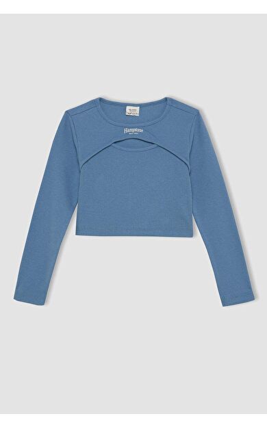 DeFacto Kız Çocuk Crop Bisiklet Yaka Baskılı Fitilli Kaşkorse Uzun Kollu Tişört D2986A824AUBE88