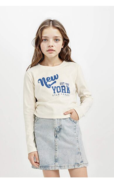 DeFacto Kız Çocuk Crop Bisiklet Yaka Baskılı Ribana Uzun Kollu Tişört