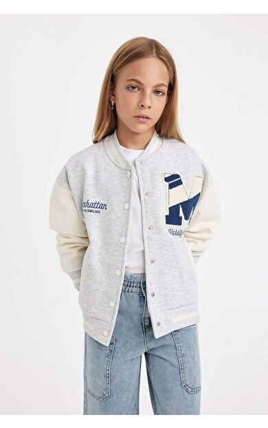 DeFacto Kız Çocuk Baskılı Kolej Yaka Bomber İçi Yumuşak Tüylü Hırka