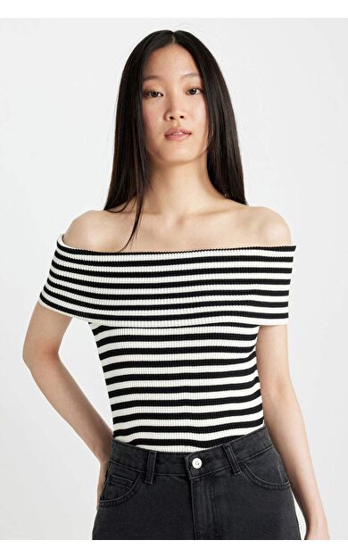 DeFactoFit Fitted Çizgili Açık Omuz Ribana Kolsuz Kazak