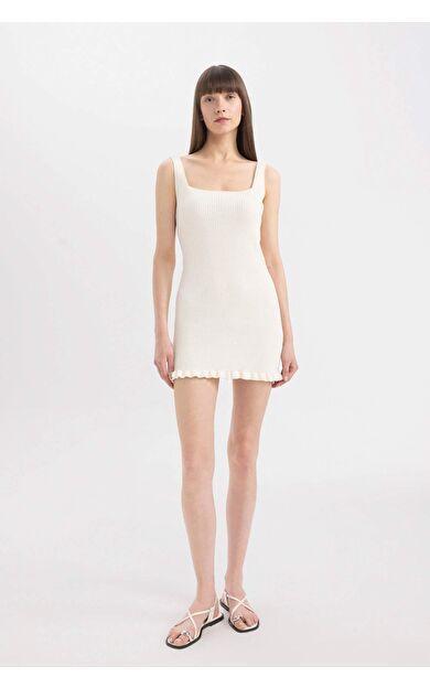 Fitted Kare Yaka Ribana Kolsuz Mini Elbise