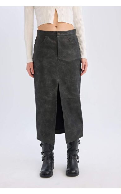 DeFacto Kalem Yıkamalı Yüksek Bel Suni Deri Midi Etek