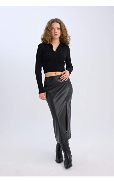 DeFacto Kalem Yüksek Bel Yırtmaçlı Suni Deri Midi Siyah Etek