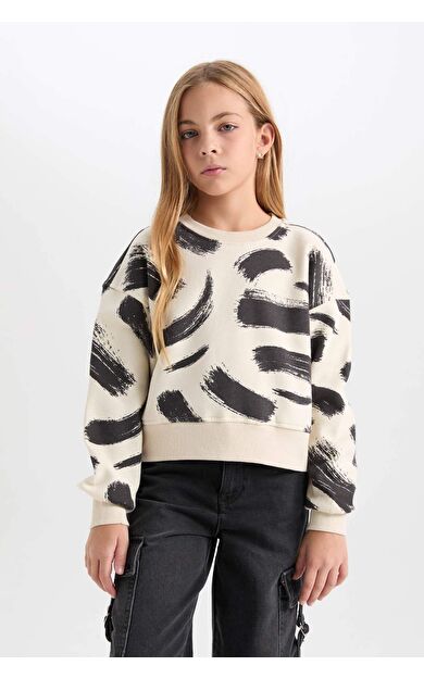 DeFacto Kız Çocuk Desenli Bisiklet Yaka Kalın Sweatshirt Kumaşı Sweatshirt