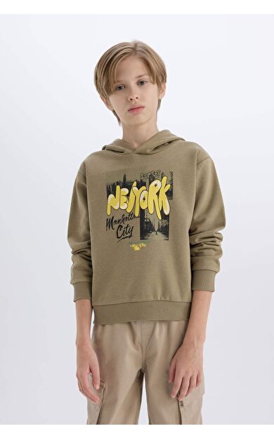 DeFacto Erkek Çocuk Kapüşonlu Baskılı Kalın Sweatshirt D3037A824WNKH488