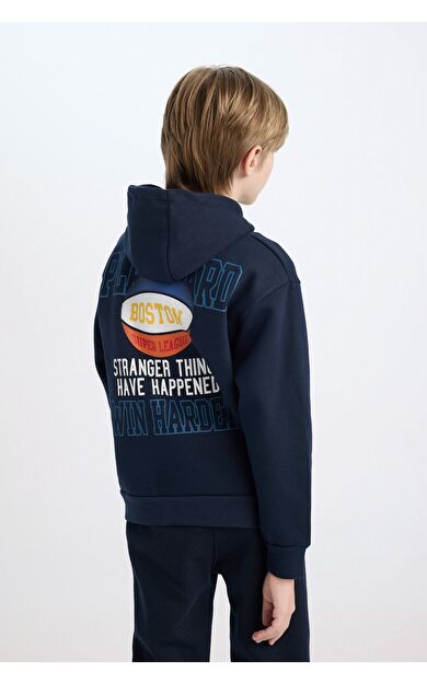 DeFacto Erkek Çocuk Lacivert Regular Fit Kapüşonlu Sırt Baskılı Kalın Sweatshirt
