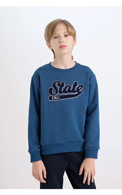DeFacto Erkek Çocuk Lacivert Regular Fit Bisiklet Yaka Nakışlı Kalın Sweatshirt