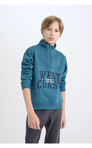 DeFacto Erkek Çocuk Regular Fit Yarım Fermuarlı Dik Yaka Baskılı Kalın Sweatshirt