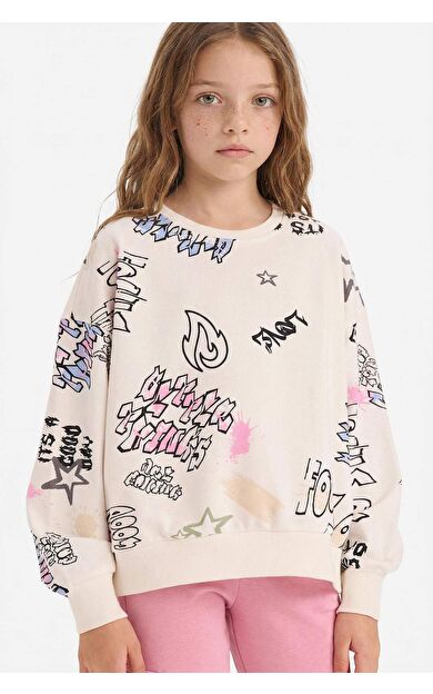 DeFacto Kız Çocuk Oversize Fit Bisiklet Yaka 3D Sweatshirt