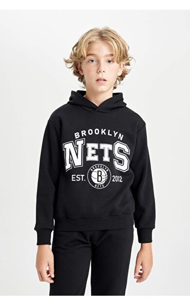 DeFacto Erkek Çocuk NBA Brooklyn Nets Regular Fit Kapüşonlu Kalın Sweatshirt