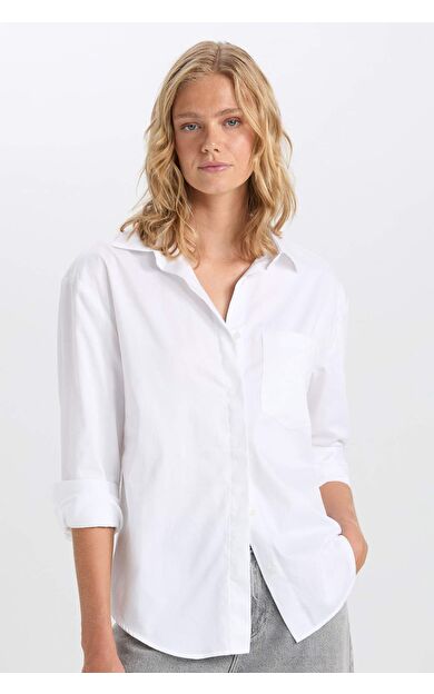 DeFacto Oversize Gömlek Yaka Cepli Düğmeli Basic Düz Poplin Uzun Kollu Beyaz Gömlek