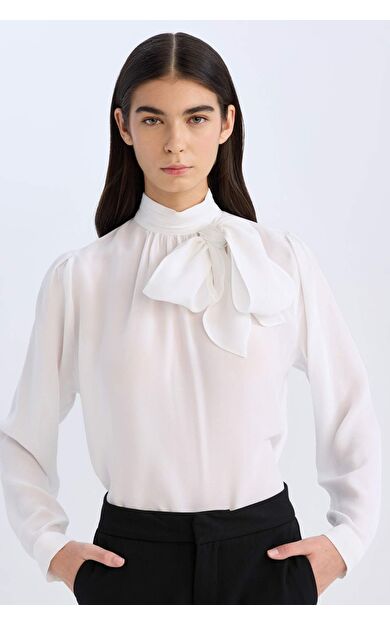 Regular Fit Fiyonk Yaka Basic Düz Saten Uzun Kollu Bluz