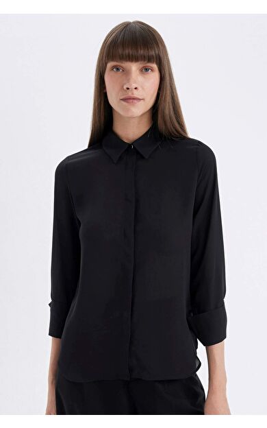 DeFacto Regular Fit Gömlek Yaka Krep Uzun Kollu Gömlek