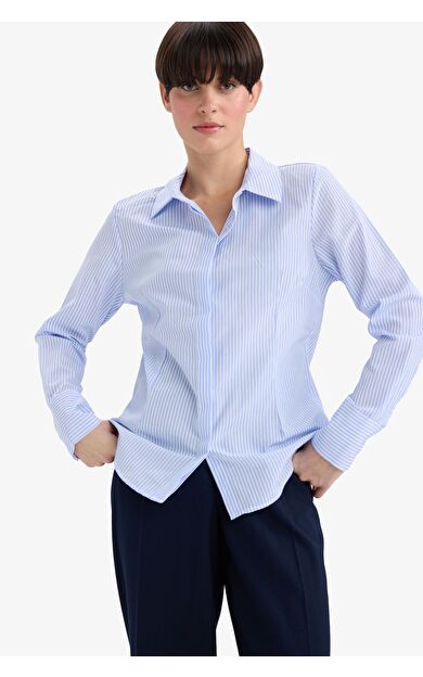 DeFacto Fitted Çizgili Poplin Uzun Kollu Gömlek