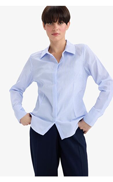 Fitted Çizgili Poplin Uzun Kollu Gömlek