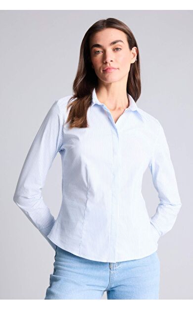 Fıtted Gömlek Yaka Çizgili Poplin Uzun Kollu Gömlek