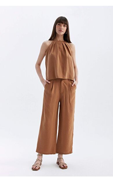 DeFacto Kısa Geniş Paça Cepli Yüksek Bel Geniş Paça Crop Modal Pantolon