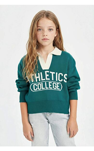 DeFacto Kız Çocuk Yeşil Regular Fit Polo Yaka Yazı Desenli Triko Kazak