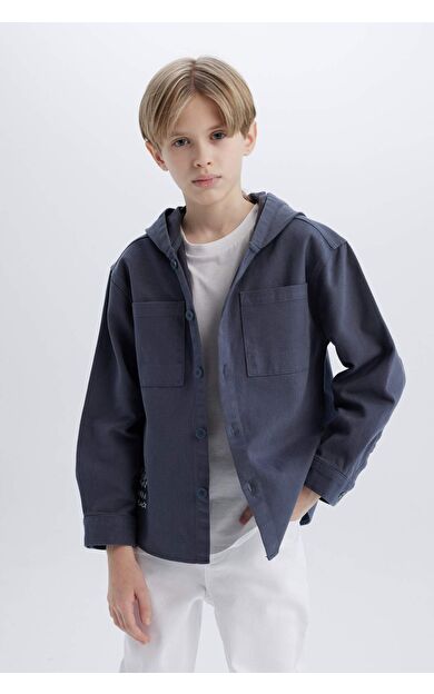 DeFacto Erkek Çocuk Oversize Geniş Kalıp Kapüşonlu Gabardin Uzun Kollu Gömlek