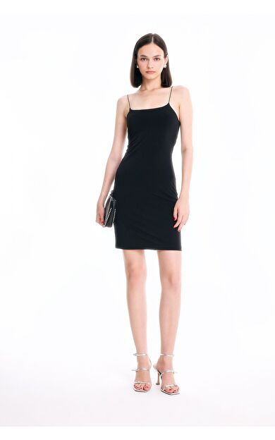 DeFacto Bodycon Kare Yaka Siyah Askılı Mini Elbise