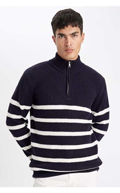 DeFacto Standart Fit Dik Yaka Yarım Fermuarlı Çizgili Triko Kazak