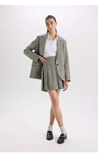 A Form Kareli Normal Bel Pileli Mini Etek