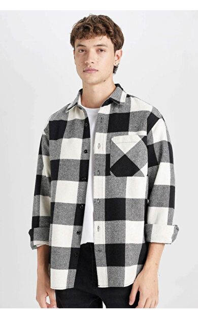 DeFacto Regular Fit Polo Yaka Kareli Oduncu Uzun Kollu Gömlek D3298AX24WNBK81