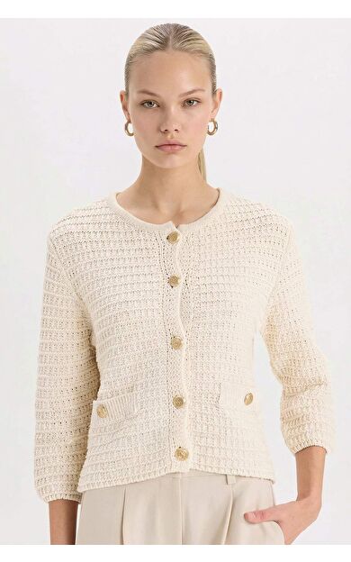 Regular Fit Bisiklet Yaka Dokulu Düğmeli Hırka