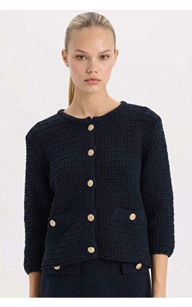 DeFacto Regular Fit Bisiklet Yaka Dokulu Düğmeli Hırka