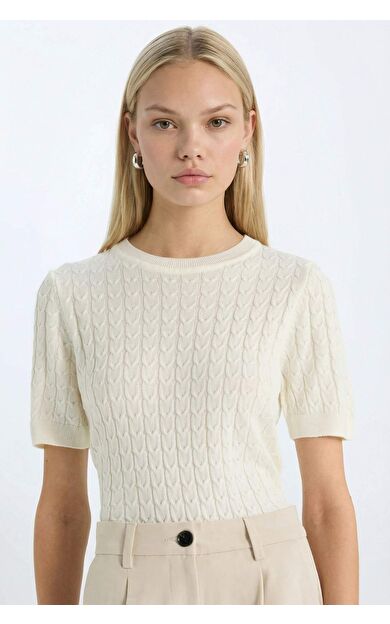 DeFacto Regular Fit Bisiklet Yaka Örgü Detaylı Kısa Kollu Triko Kazak