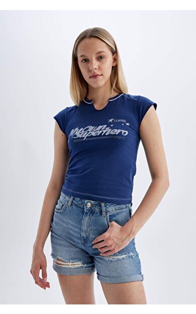 DeFacto Fitted Bisiklet Yaka Baskılı Kısa Kollu Tişört