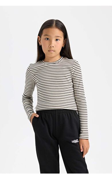 DeFacto Kız Çocuk Crop Polo Yaka Çizgili Fitilli Kaşkorse Uzun Kollu Tişört
