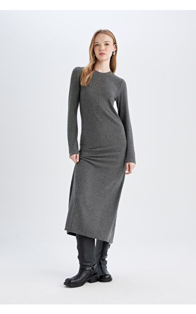 DeFacto Bodycon Bisiklet Yaka Uzun Kollu Maxi Elbise