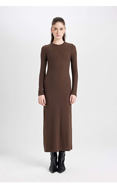 Bodycon Bisiklet Yaka Uzun Kollu Maxi Elbise