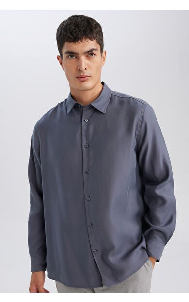 DeFacto Relax Fit Polo Yaka Twill Modal Karışımlı Basic Düz Uzun Kollu Gömlek
