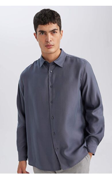 DeFacto Relax Fit Polo Yaka Twill Modal Karışımlı Basic Düz Uzun Kollu Gömlek