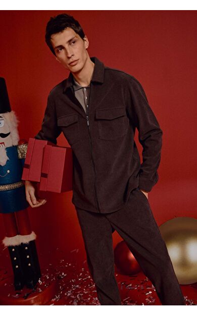 Regular Fit Polo Yaka Fitilli Kadife Gömlek Ceket