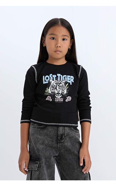 DeFacto Kız Çocuk Crop Bisiklet Yaka Baskılı Fitilli Kaşkorse Uzun Kollu Tişört D3430A824WNBK81