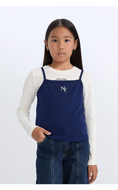 DeFacto Kız Çocuk 2'li Üst Takım Askılı Üst Crop Bisiklet Yaka Baskılı Ribana Uzun Kollu Tişört