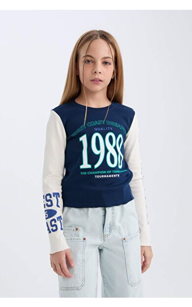 DeFacto Kız Çocuk Crop Bisiklet Yaka Baskılı Fitilli Kaşkorse Uzun Kollu Tişört D3433A824WNER99