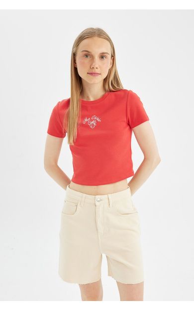 DeFacto DeFactoFit Coool Fitted Baskılı Ribana Kısa Kollu Tişört