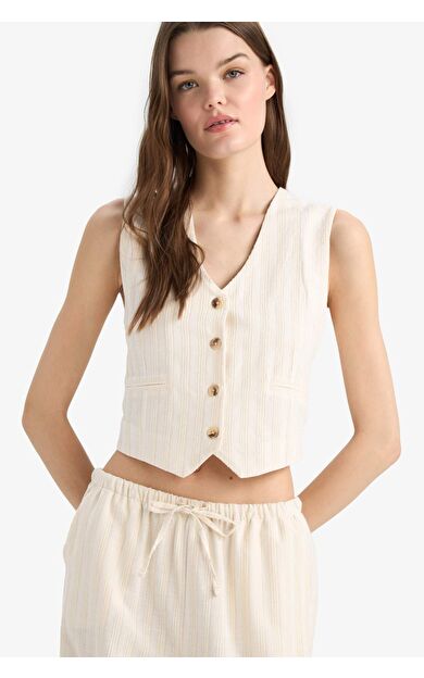 Regular Fit V Yaka Keten Karışımlı Blazer Yelek D3474AX25SPER42