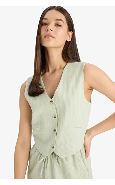 DeFacto Regular Fit V Yaka Keten Karışımlı Blazer Yelek D3474AX25SPGN1181