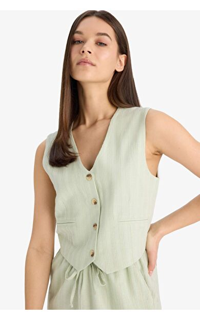 Regular Fit V Yaka Keten Karışımlı Blazer Yelek D3474AX25SPGN1181