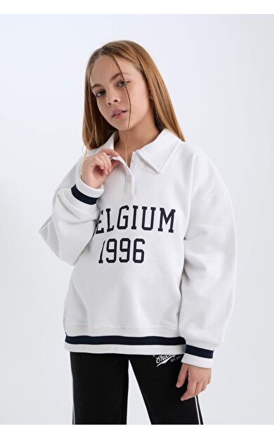 DeFacto Kız Çocuk Oversize Fit Geniş Kalıp Polo Yaka Baskılı İçi Yumuşak Tüylü Kalın Kumaşı Sweatshirt D3497A824WNWT34